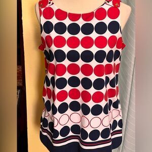 EUC Charter Club Sleeveless Top, Red, white & Blue Circles, Gold buttons #YC10